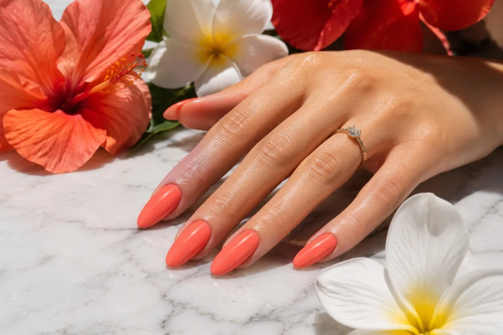 Bright coral summer nails with glossy finish for 2026