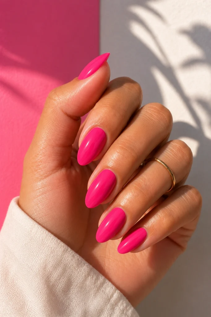 Bright hot pink summer nail color trend 2026 with glossy finish