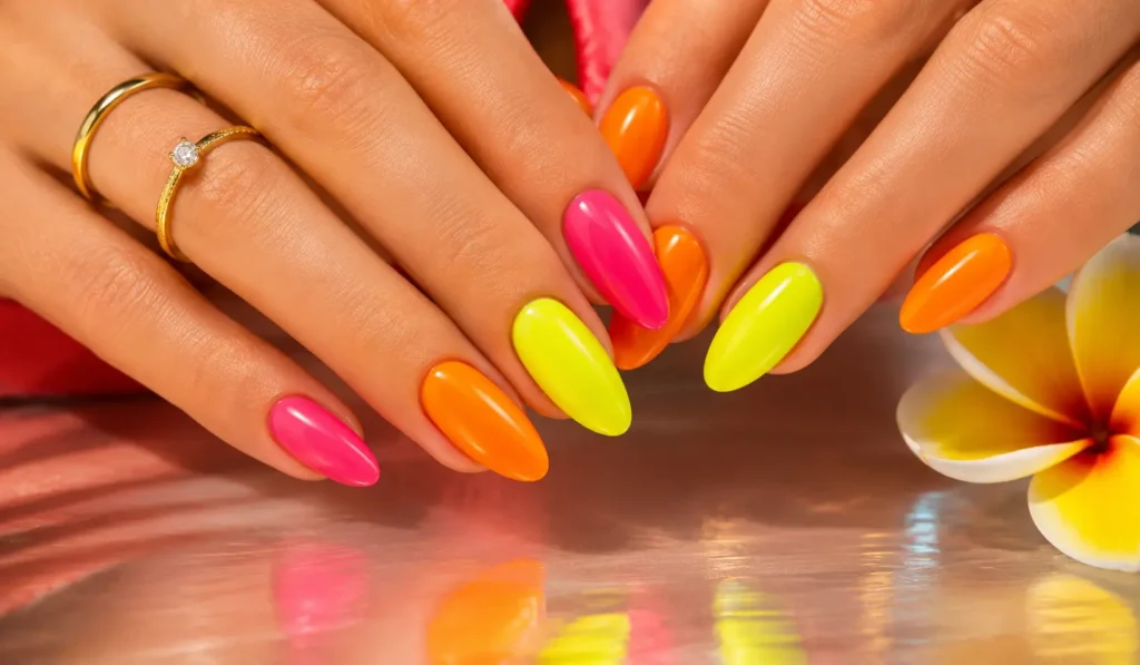 Bright neon summer nails in orange, yellow and pink colors