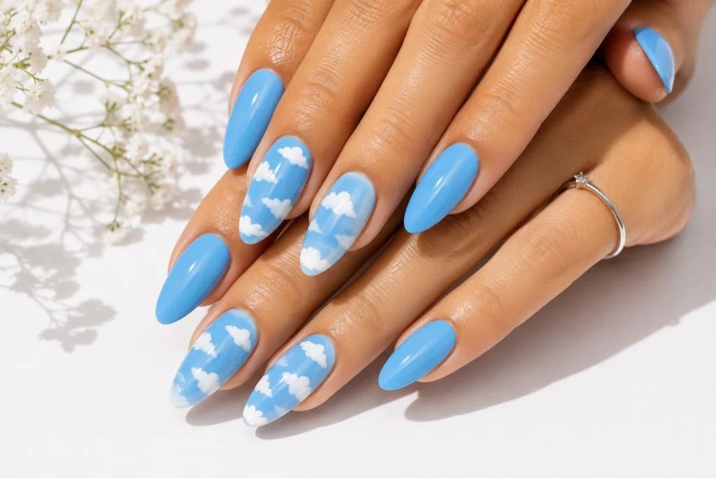 Bright sky blue summer nails with glossy finish.