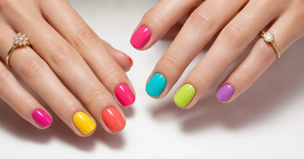 Bright Summer Nail Colors 2026 featuring hot pink, butter yellow, coral, turquoise and lavender glossy manicure.