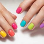 Bright Summer Nail Colors 2026 featuring hot pink, butter yellow, coral, turquoise and lavender glossy manicure.