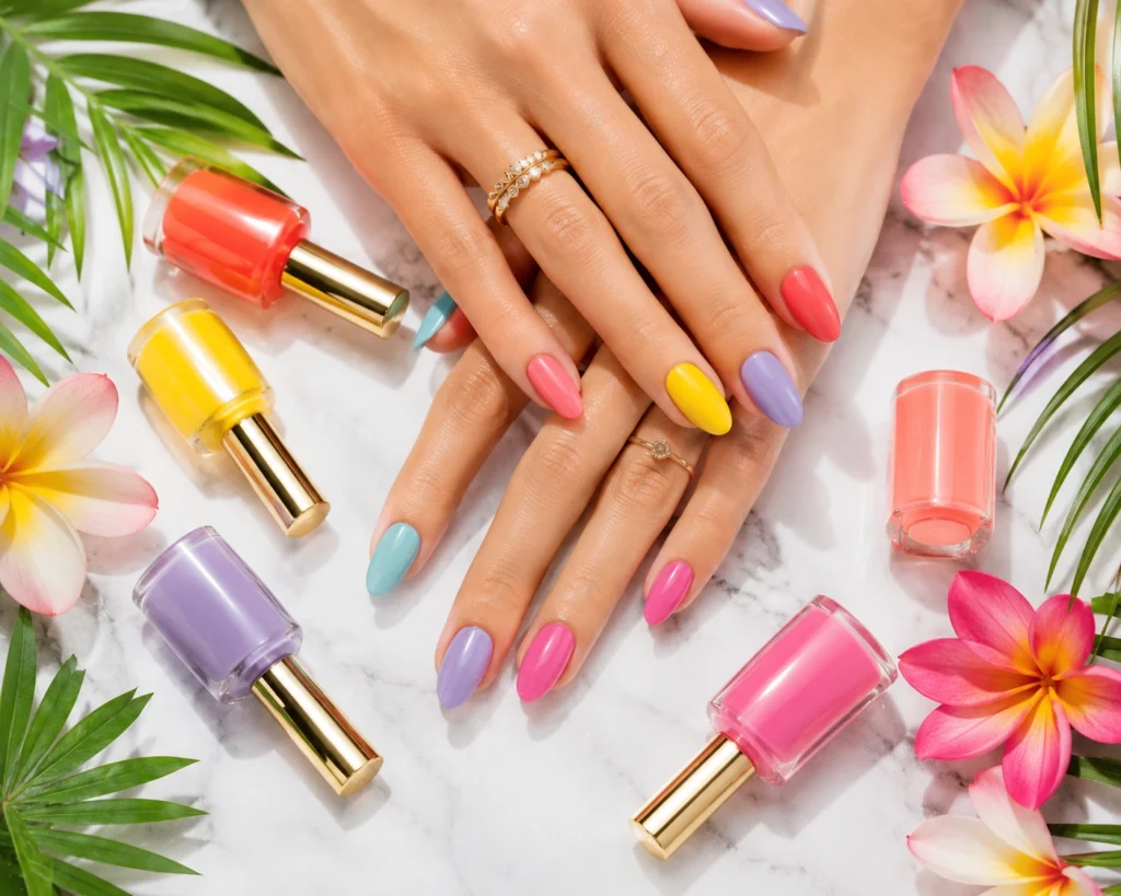 Bright summer nail polish colors arranged in luxury flat lay.
