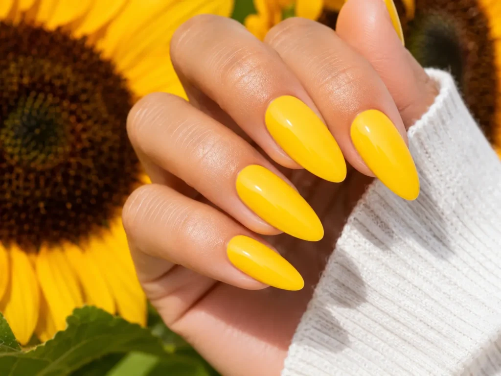 Bright sunny yellow nails perfect for summer 2026