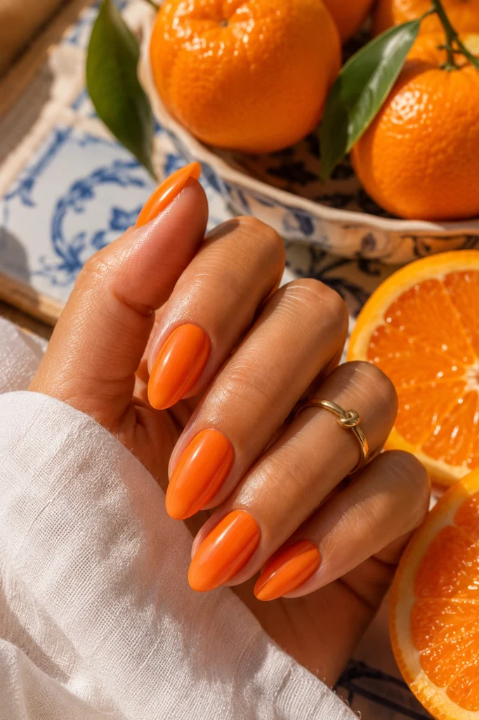Bright tangerine orange summer nail color 2026 on almond nails