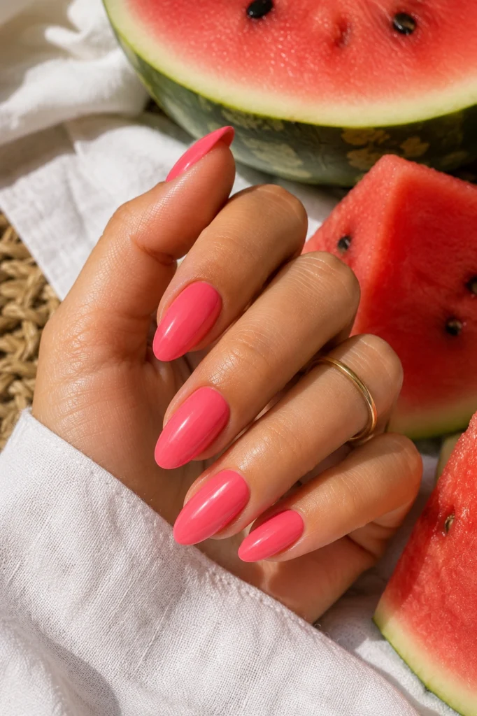 Bright watermelon pink summer nail color 2026 on almond nails
