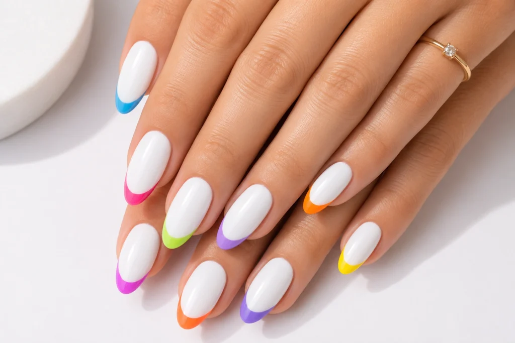 Bright white summer nails with colorful French tips.