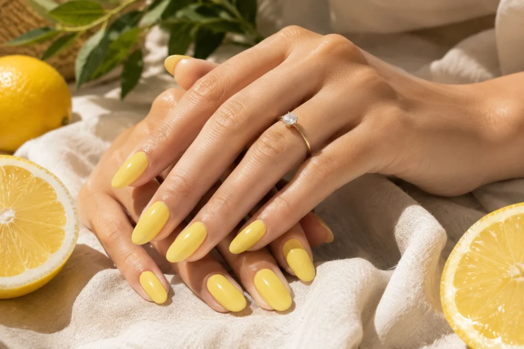 Butter yellow summer nail color trend 2026 with glossy manicure