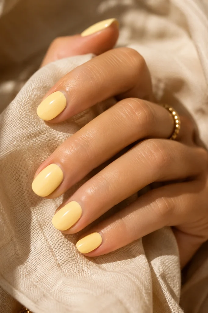 Butter yellow summer nails 2026 with a glossy almond-shaped manicure