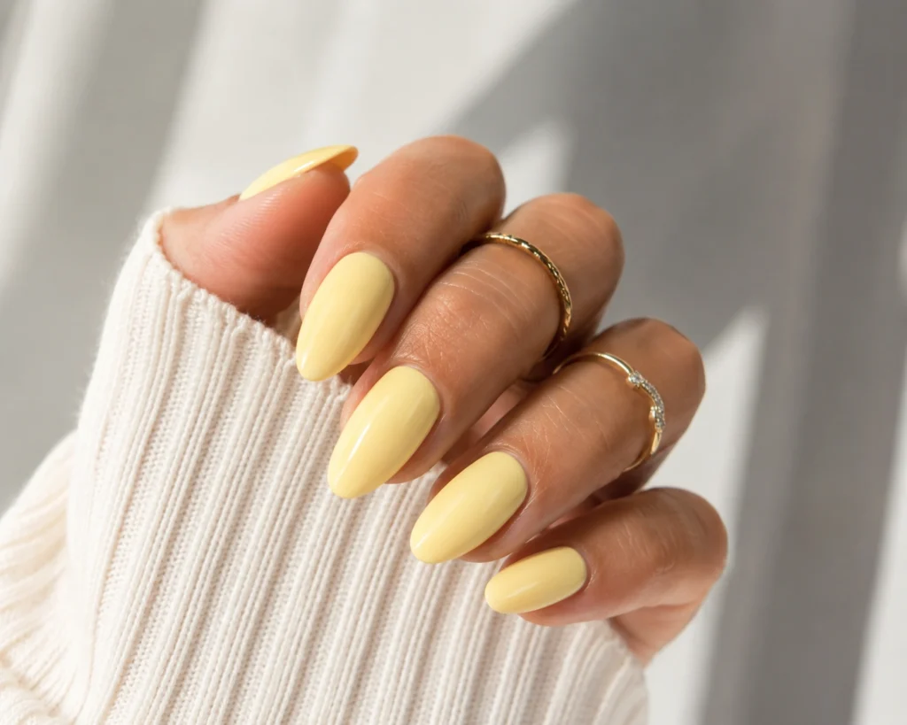 Butter yellow summer nails 2026 with glossy finish