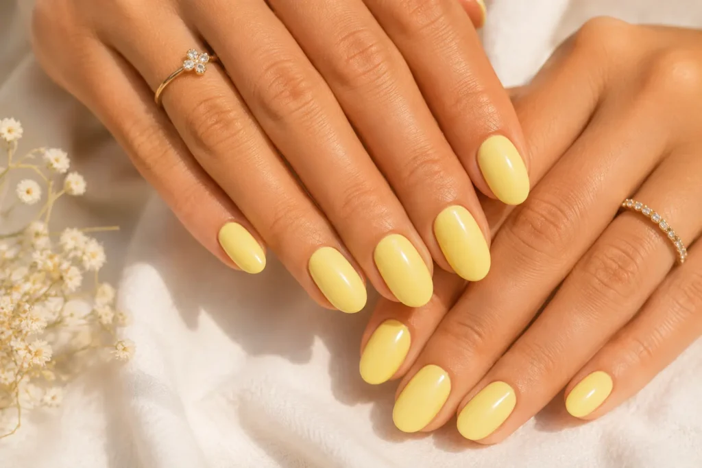 Butter yellow summer nails 2026 with glossy gel manicure.