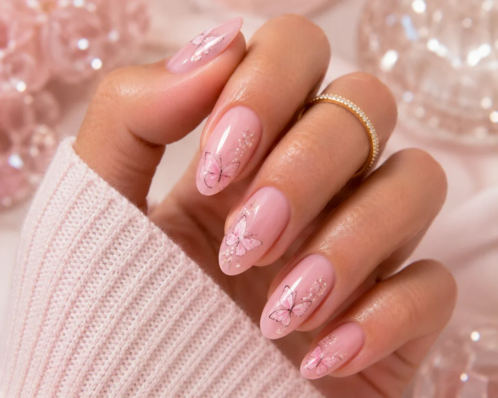 Butterfly nail art on pastel pink manicure