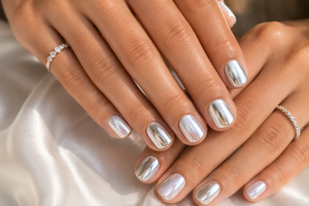 Chrome short nails with mirror shine for Summer 2026