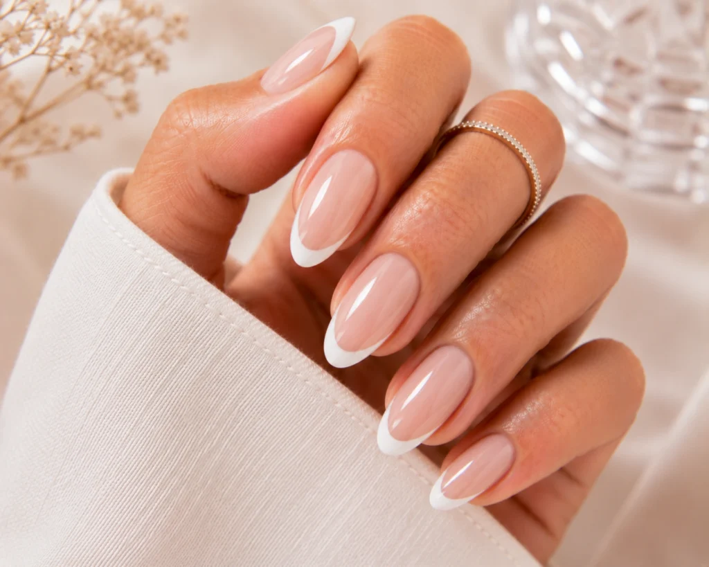 Classic white French manicure with glossy finish