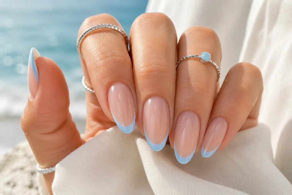 Classy blue French tip nails for a fresh summer manicure