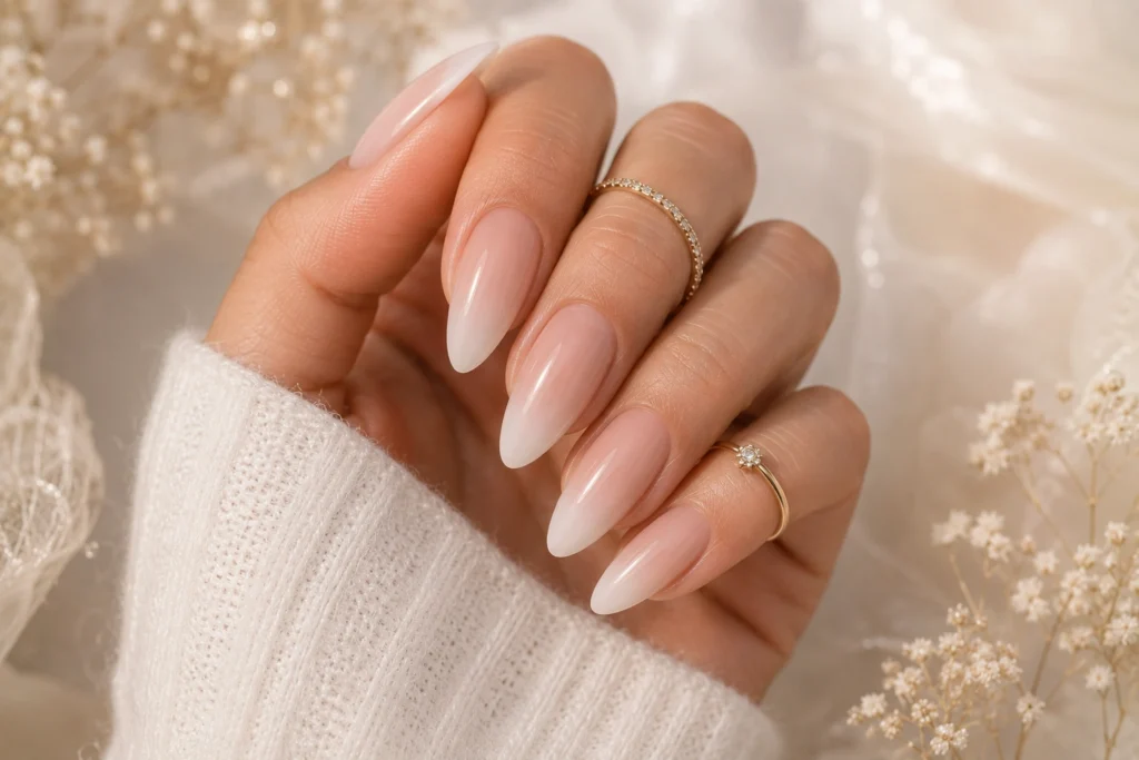 Classy neutral ombré summer nails with a soft milky finish