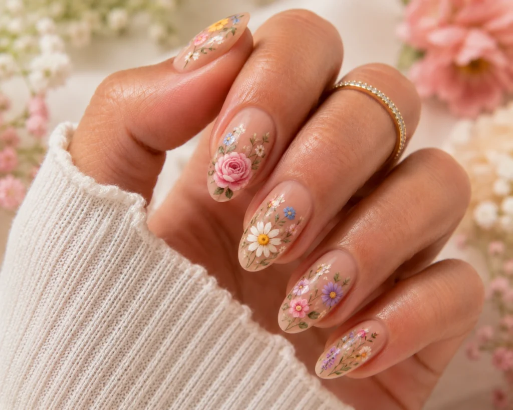 Colorful floral garden nail art design