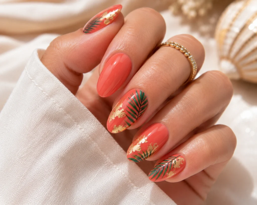 Coral beach nails with tropical summer style