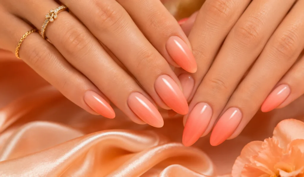 Coral ombre summer nails with glossy finish.