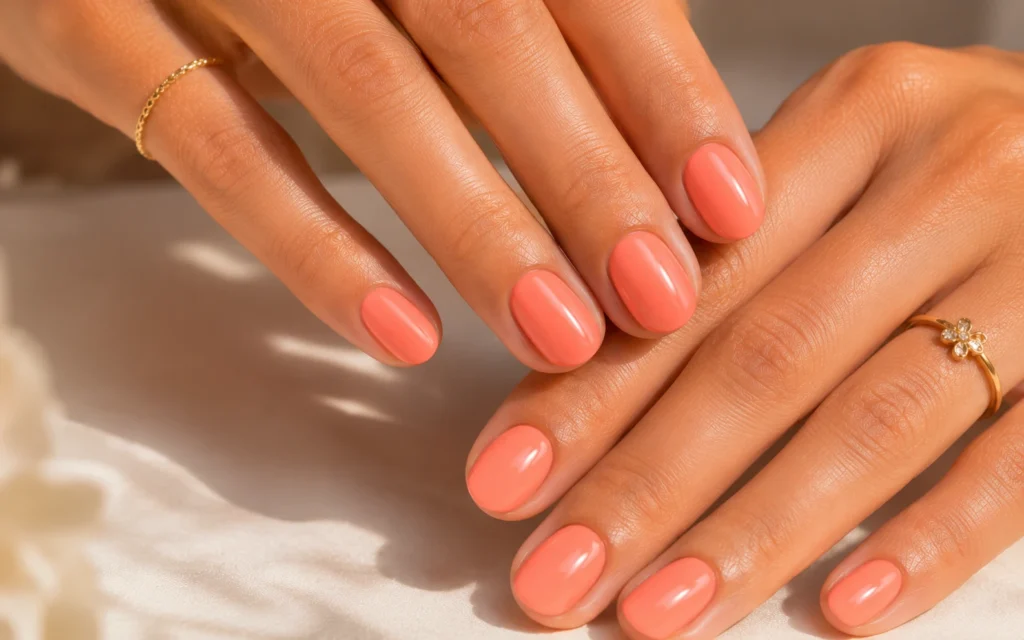 Coral peach short summer nails for women in 2026