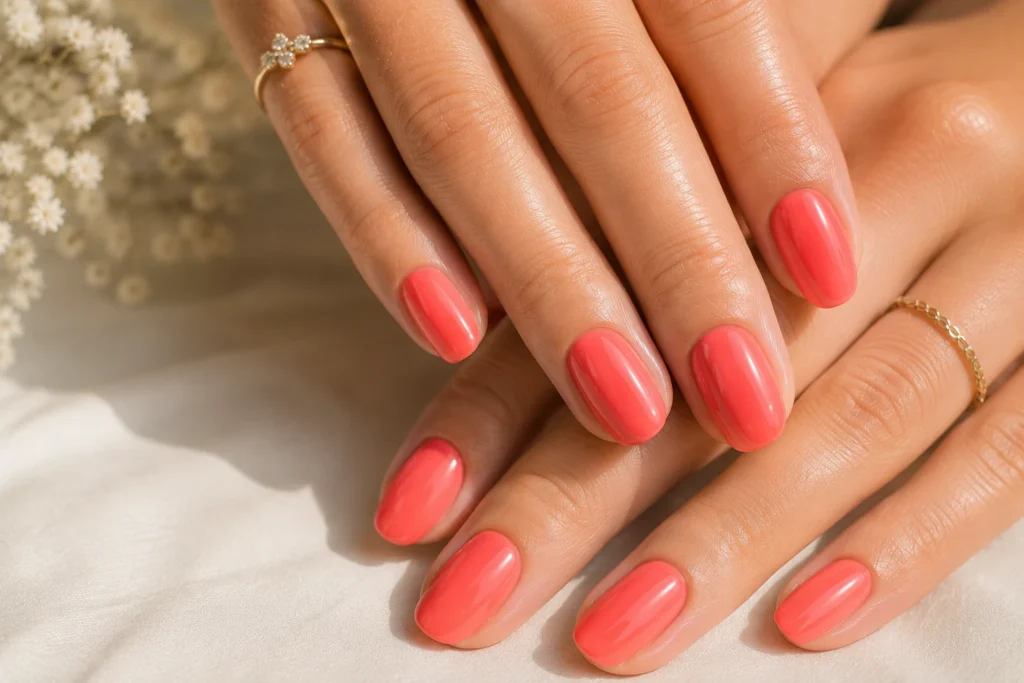 Coral summer nails with glossy gel finish.