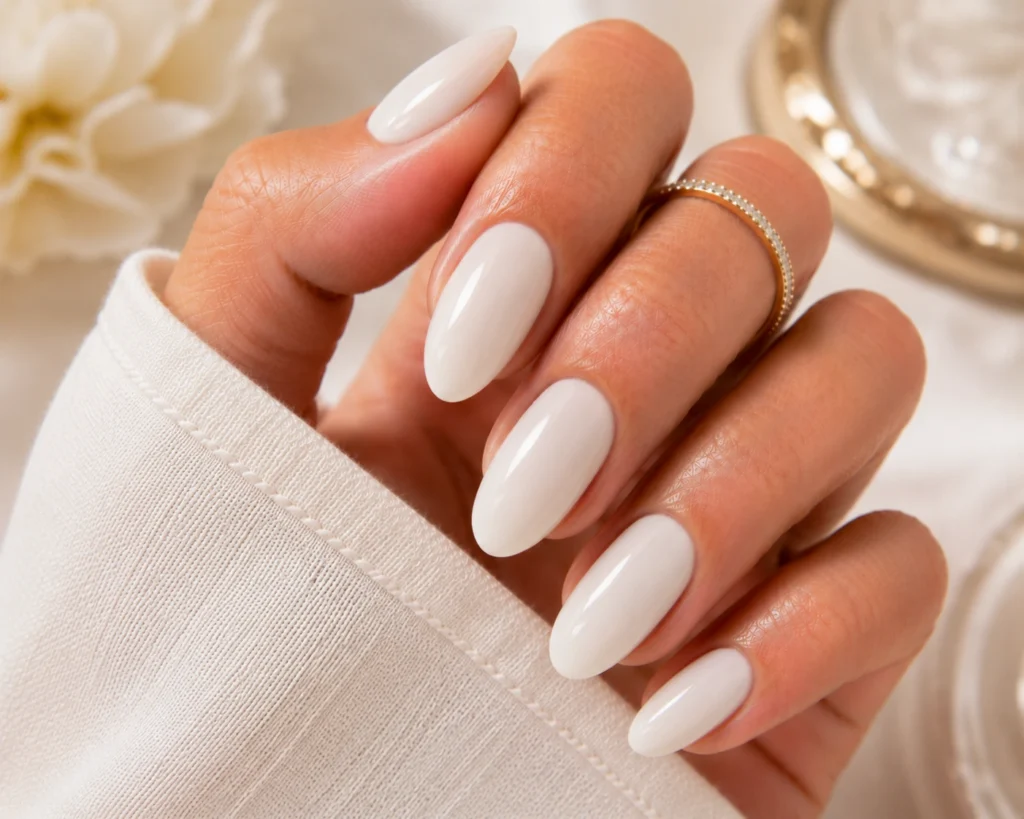 Creamy coconut white nails with glossy finish