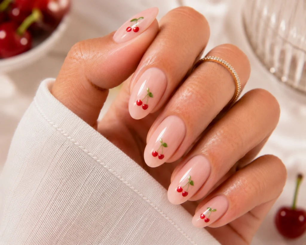 Cute cherry nail art on nude pink manicure