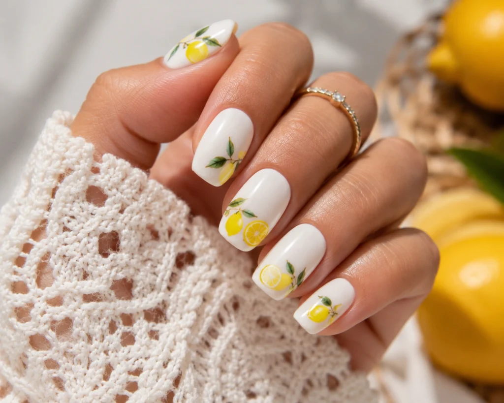 Cute lemon nail art with yellow fruit design