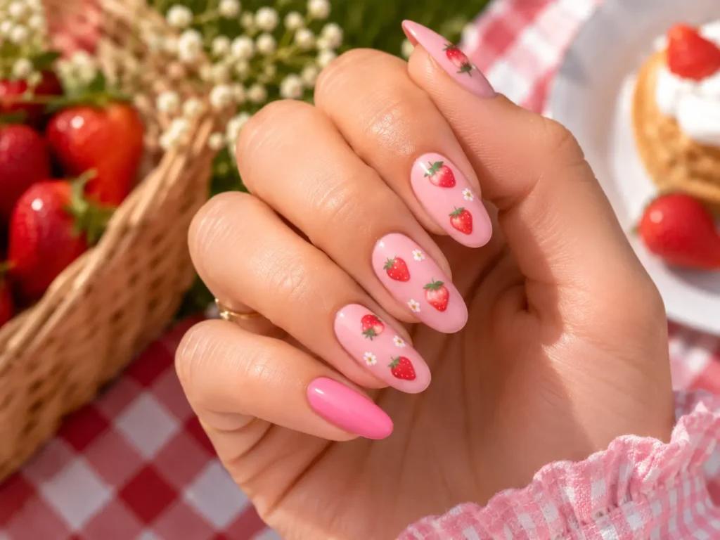 Cute strawberry nail art for summer manicure inspiration