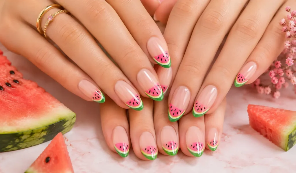 Cute watermelon nail art with pink polish and green French tips