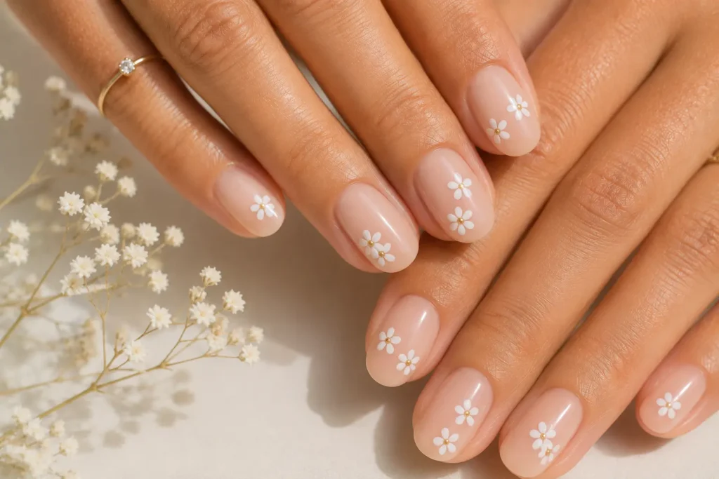 Daisy flower summer nails on nude manicure.