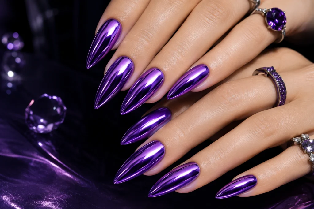 Electric purple chrome summer nails for 2026.
