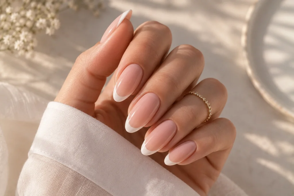 Elegant almond-shaped summer nails with classy French tips