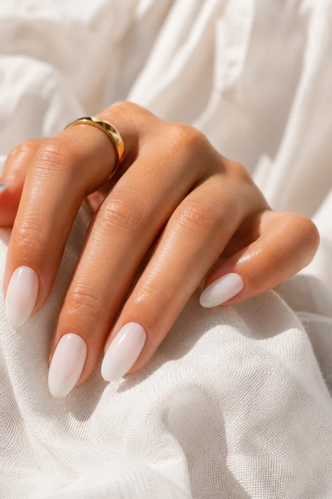 Elegant milky white summer nails 2026 with a glossy manicure