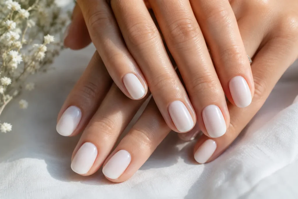 Elegant milky white summer nails with glossy finish