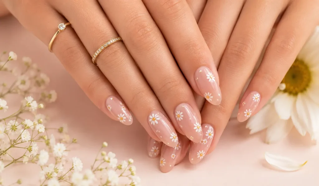 Elegant nude summer nails with white floral nail art.