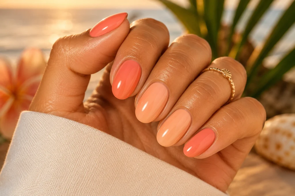 Elegant peach and coral summer nails for a warm seasonal look