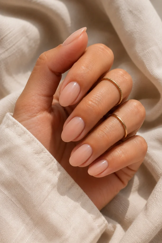 Elegant sheer nude summer manicure trend 2026 on short almond nails