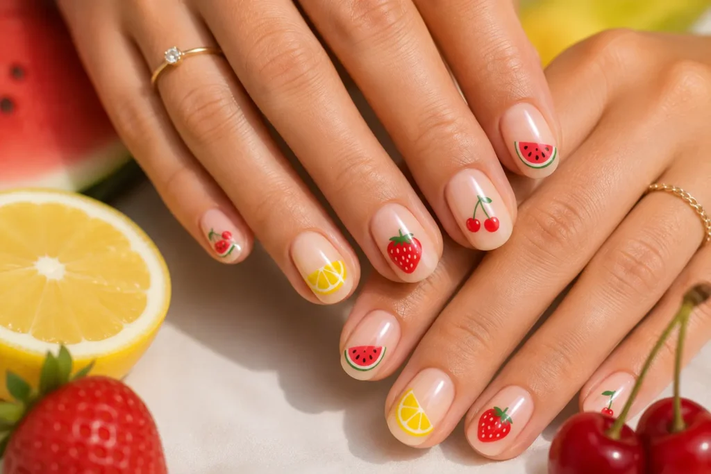Fruit inspired summer nail art with watermelon and lemon designs.