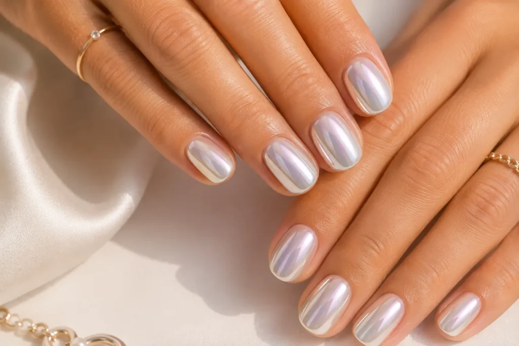 Glazed chrome summer nails 2026 with pearl finish.