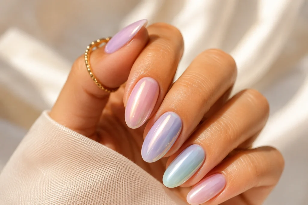Glazed pastel summer nails with a pearlescent finish for 2026