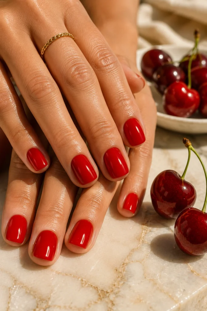 Glossy cherry red nails for a trendy summer manicure