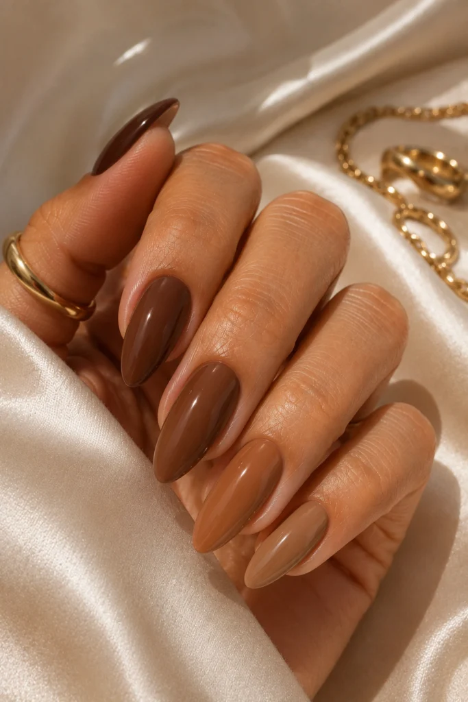 Glossy chocolate brown nail color for summer
