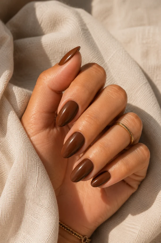 Glossy chocolate brown summer nail color 2026 on almond nails