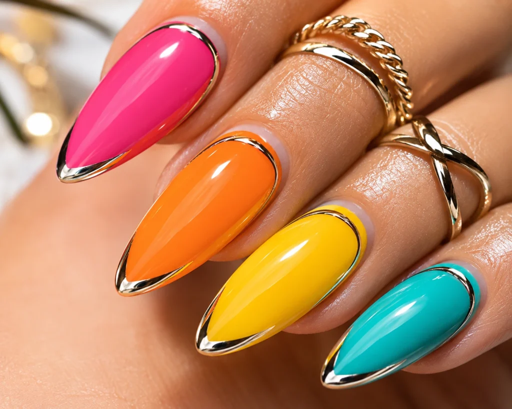 Glossy colorful almond nails for summer 2026.