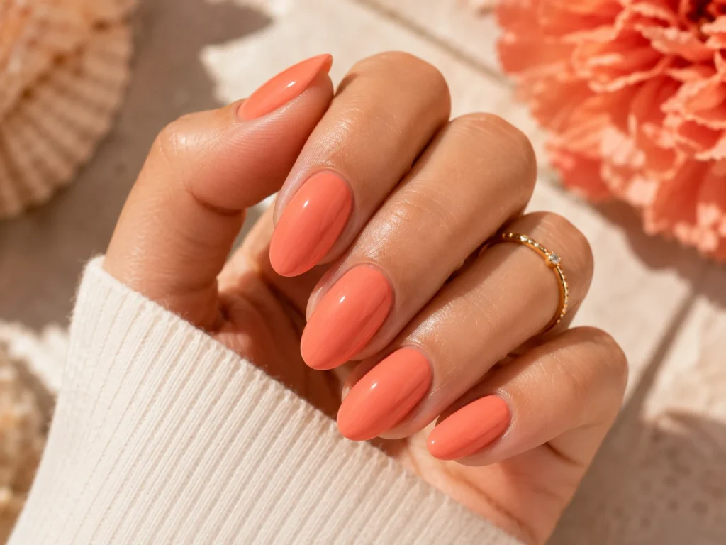 Glossy coral summer nails for women in 2026