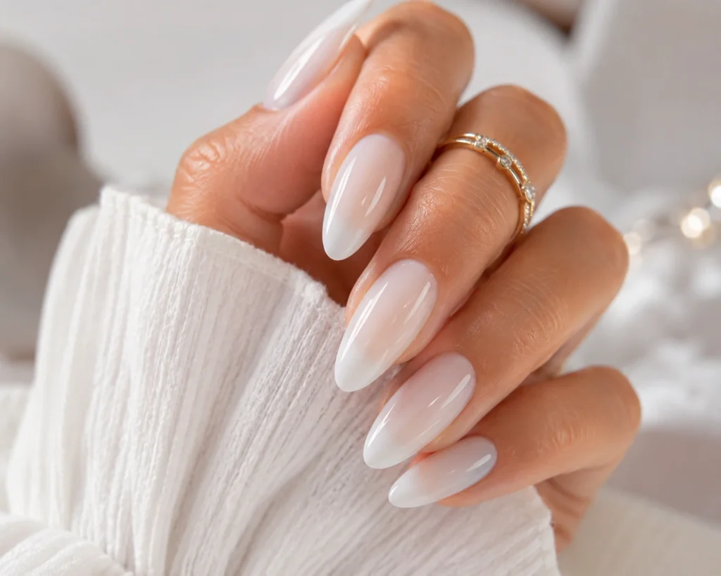 Glossy milky white summer nails with elegant minimalist manicure