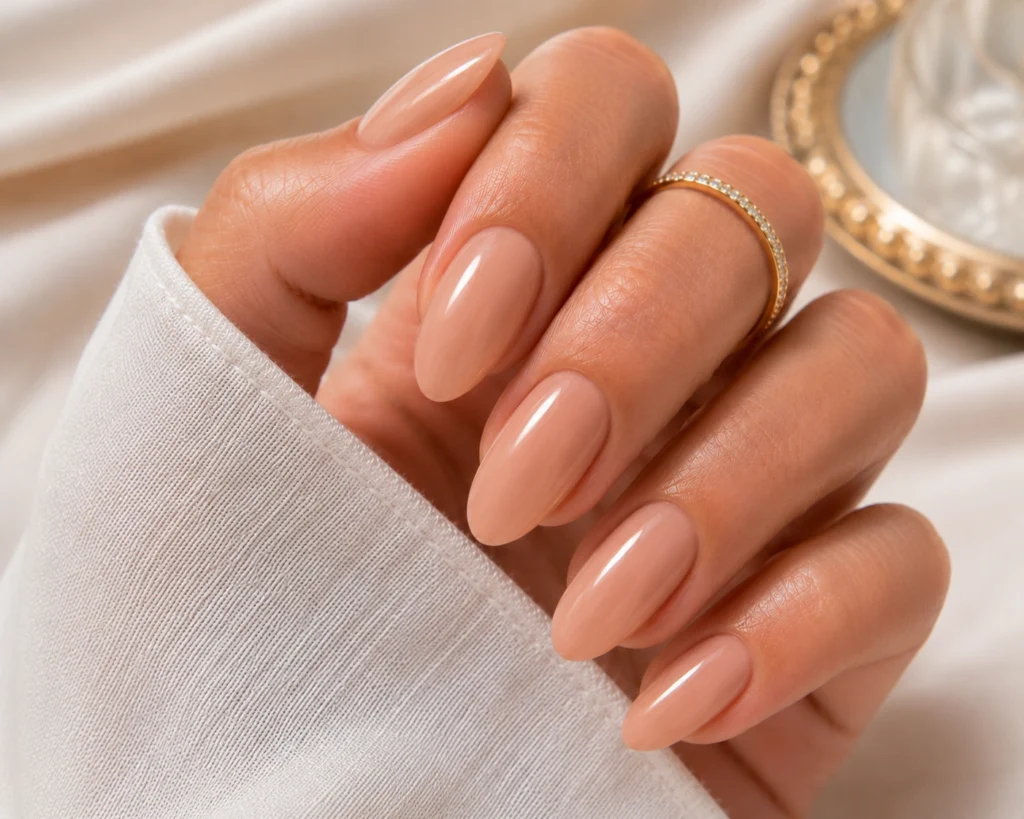 Glossy nude manicure with clean girl aesthetic