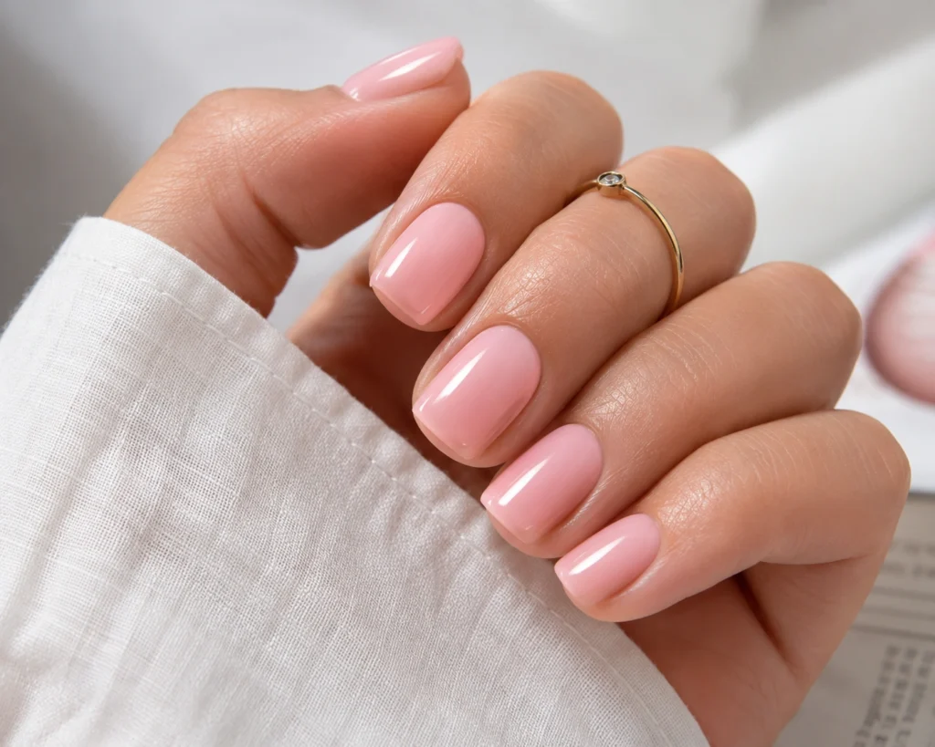 Glossy strawberry milk pink nails for summer