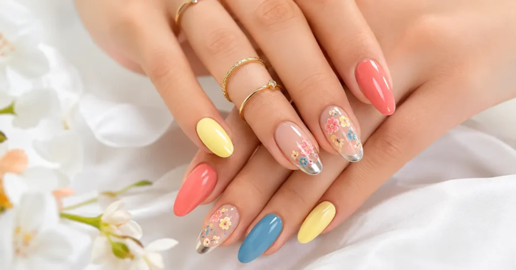 Gorgeous Summer Nails 2026 featuring trendy chrome French tips, floral nail art and glossy summer manicure.